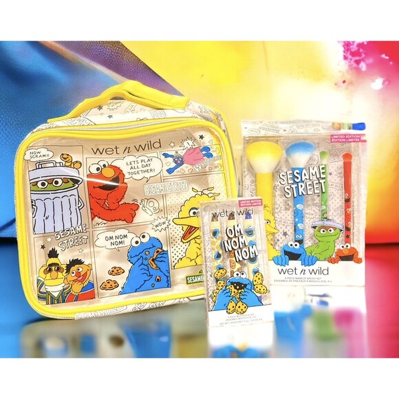 Wet N Wild Sesame Street Cosmetic Bag + Makeup Brush Set + Eye Lip Cheek Sticks